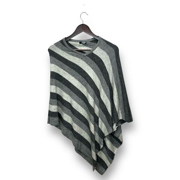 Nepal Womens Cashmere V-Neck Poncho Gray Striped One Size Minimalist Boho Scandi - Picture 1 of 5